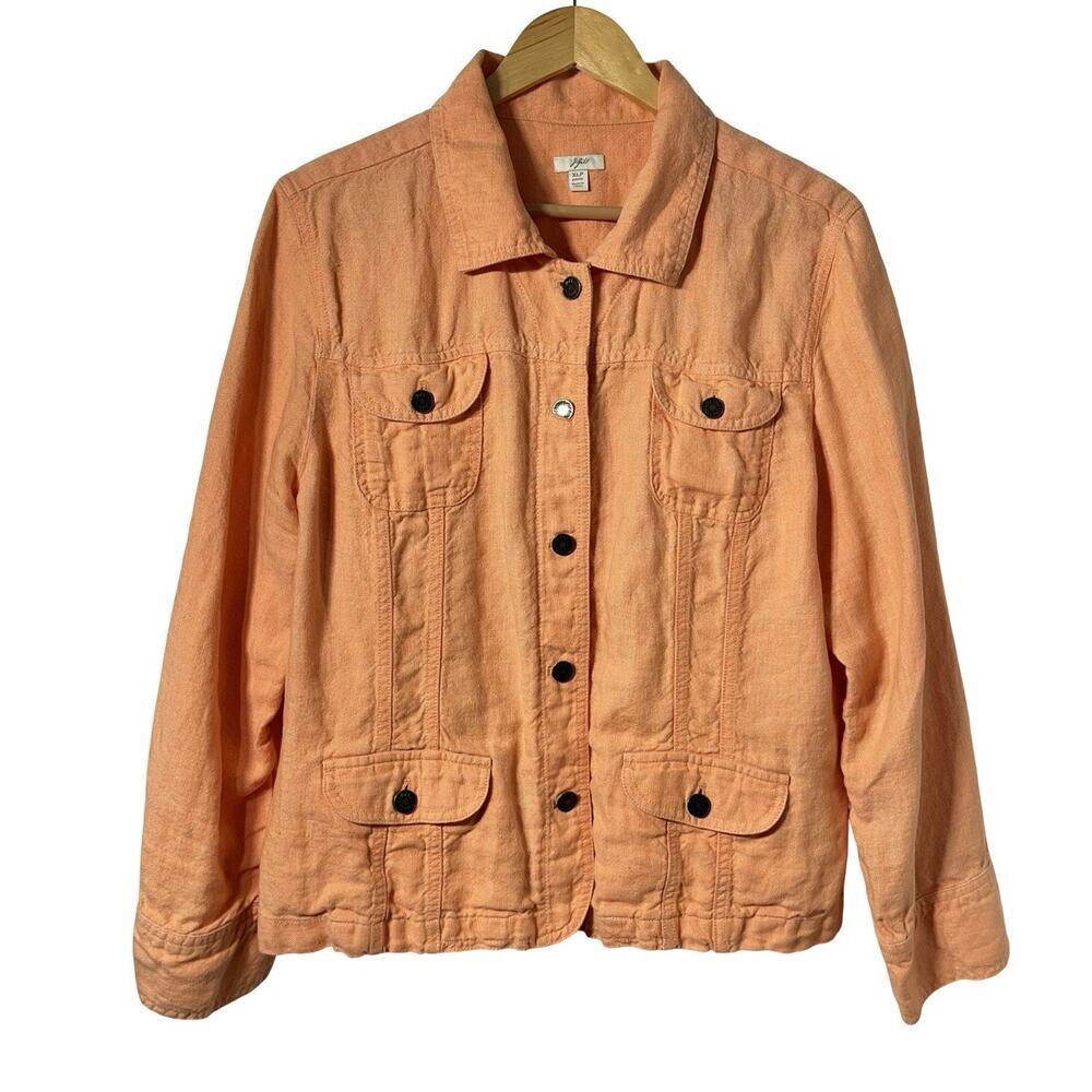 J Jill Womens 100% Linen Button Up Trucker Jacket Size XLP Coastal Grandma
